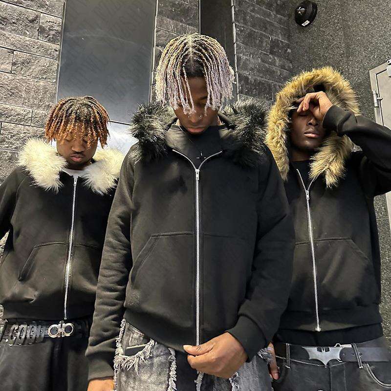 Dark Faux Fur Collar Haruku Hiphop Y2K Zip up hoodie Oversized Punk Zipper Hoodie sweatshirt Retro Rock Goth Streetwear Jacket