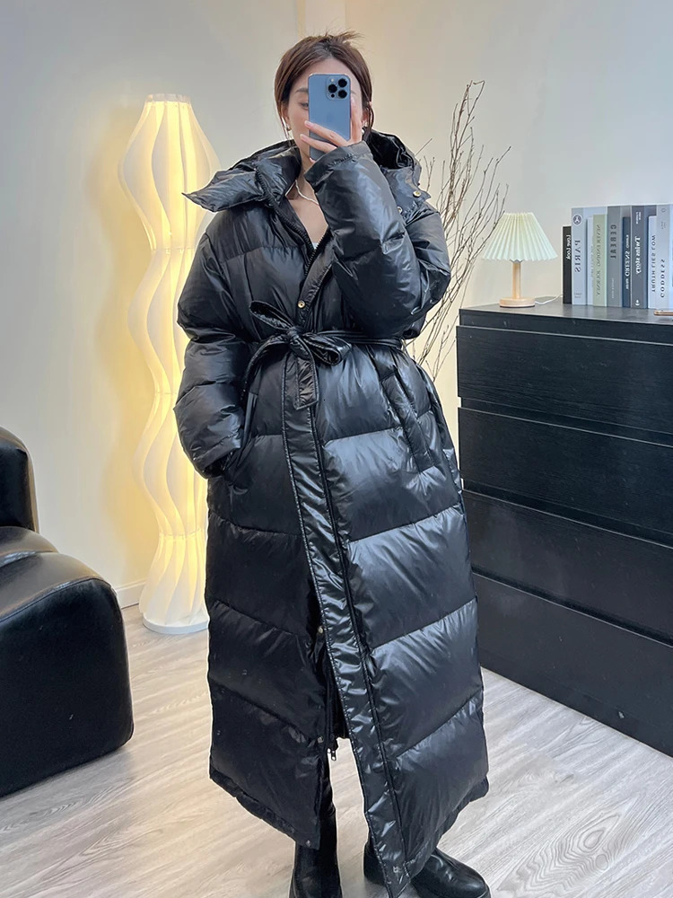 Janveny womens down jacket womens casual thick duck down jacket hooded womens waterproof Parkas jacket with belt 241107