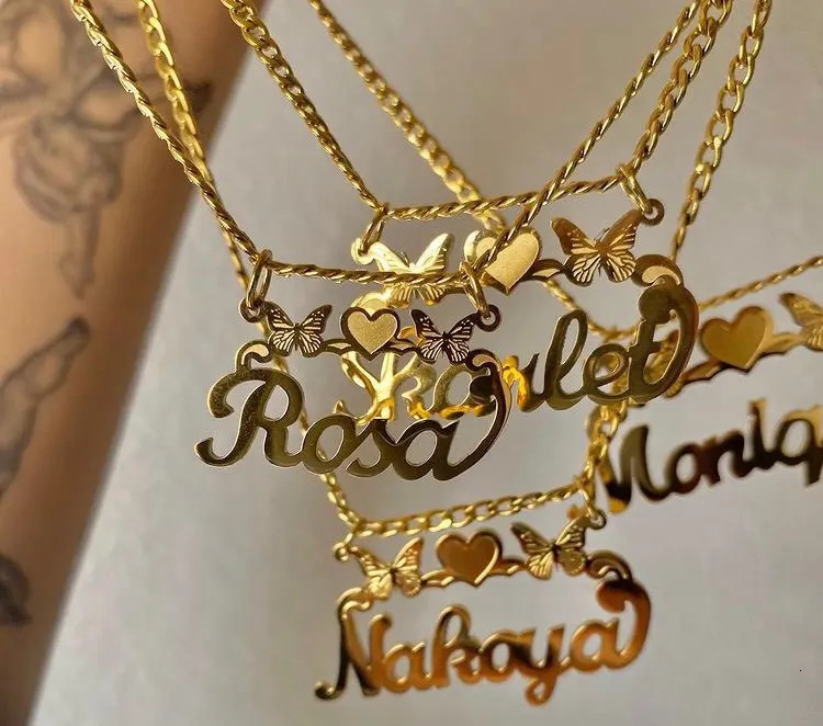 custom jewelry name necklace with butterfly pendant 3MM Cuban chain heart-shaped necklace personalized gift 241107