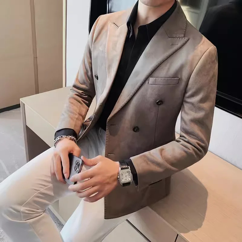 2024 High-quality fashion handsome business casual suede suit jacket mens autumnwinter Korean slim solid color suit 241107
