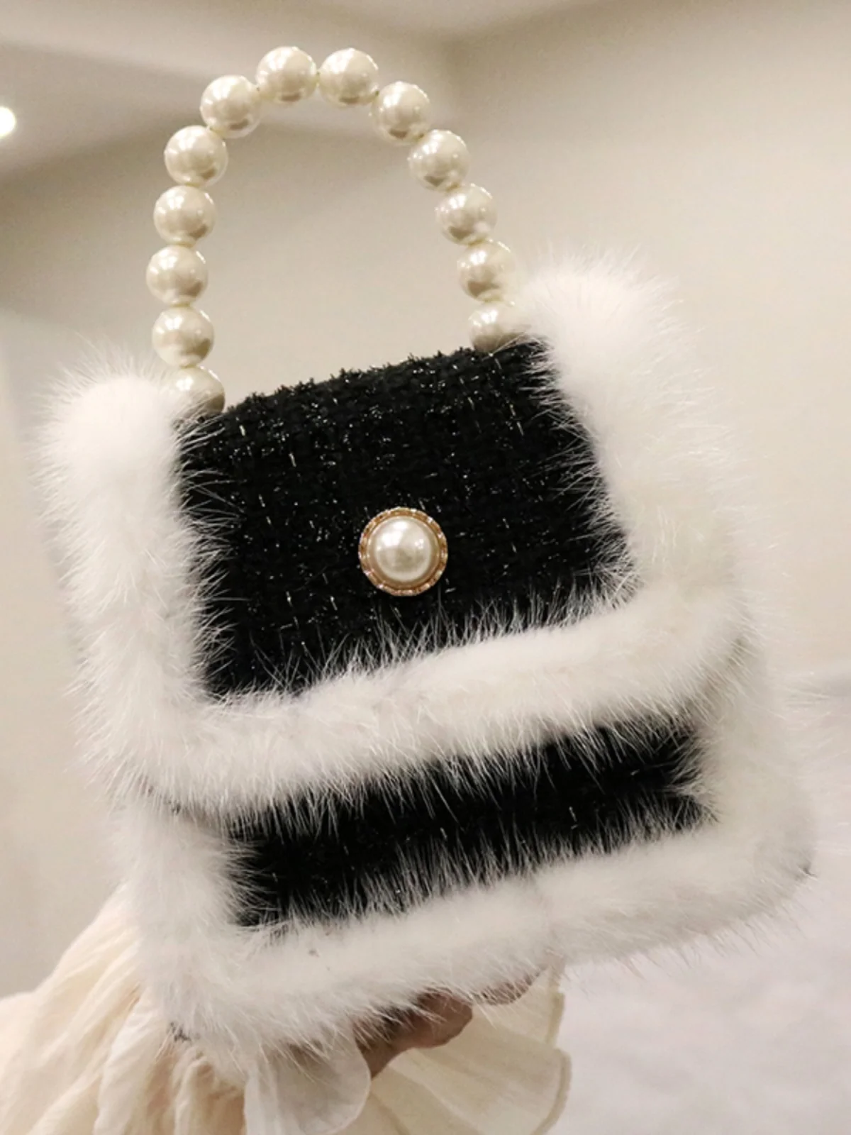 High-quality mink fur tweed chain crossbody pearl tote shoulder bag 2023 new autumn