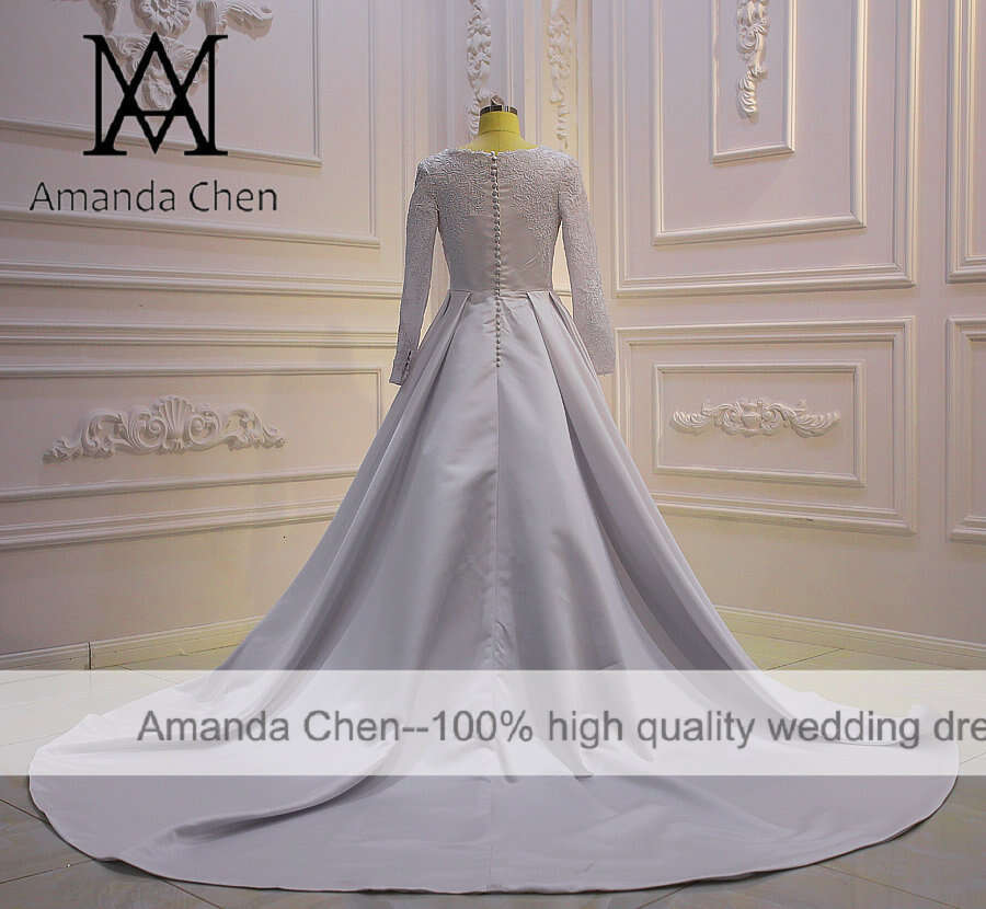 Simple A-e Lace Applique Satin Pure White Wedding Dress