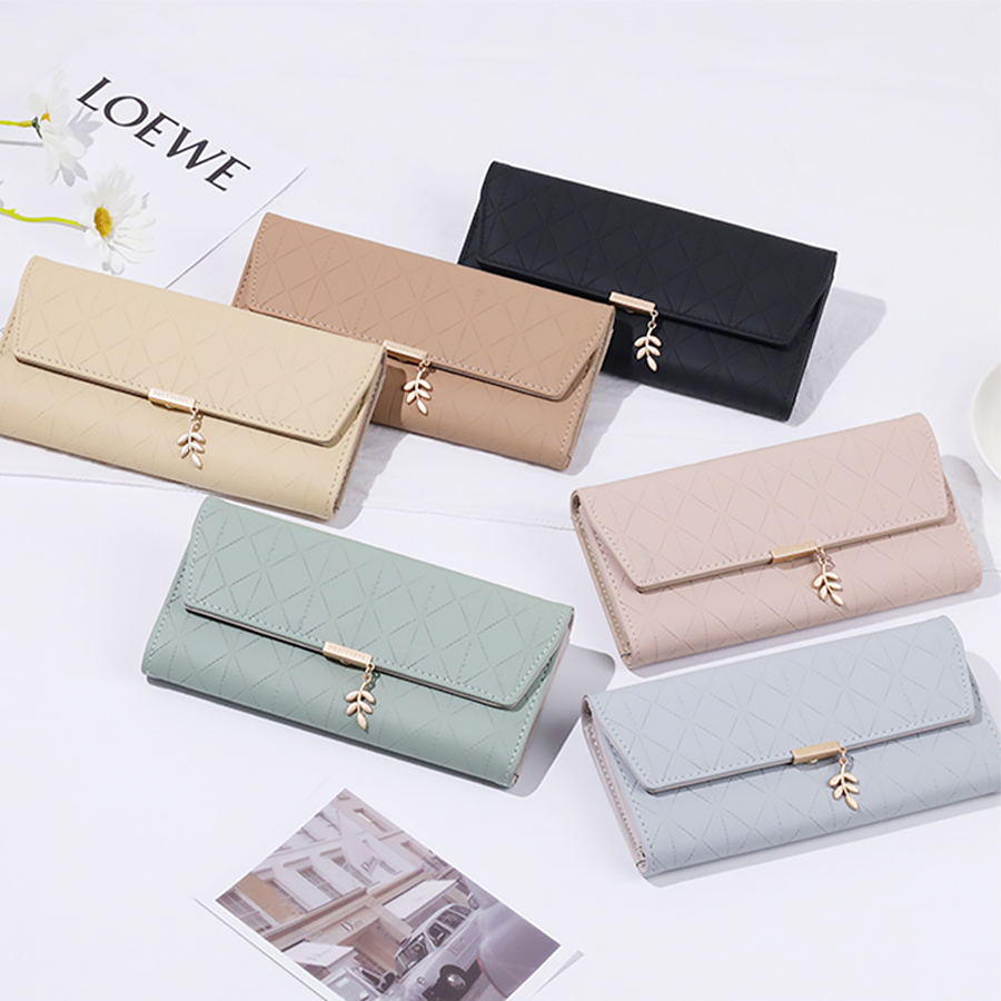 Popular Women's Long Wallets with Leaf Pendant, Large Capacity, Fold Design, Coin Purses, Card Holder, Money Bags