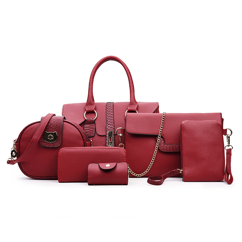 6 PCS/Set Red PU Leather Handbags Women Bag Set Famous Brands Tote Bag Lady's Shoulder Crossbody Bags Clutch Bag Womens'Pouch