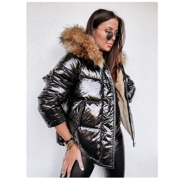 Punk Women Winter Red Down Cotton Jacket Fashion Glossy Black Big Hooded Thick Shiny Loose Big Fur Warm Parkas Lady Coat 201126