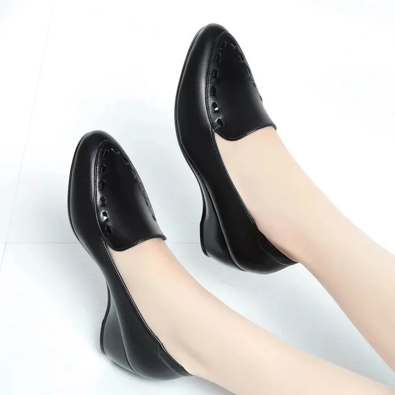 Women Fashion Light Weight Wedge Heel Comfort Spring Autumn Shoes Lady Casual Sweet Home Outside Black Leather Pumps E1419 241106