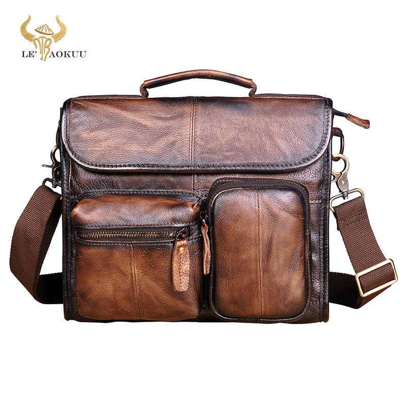 Original Leather Male Casual Design Student Shoulder Messenger Crossbody bag Fashion College Satchel 10" Book bag For Men 202-d