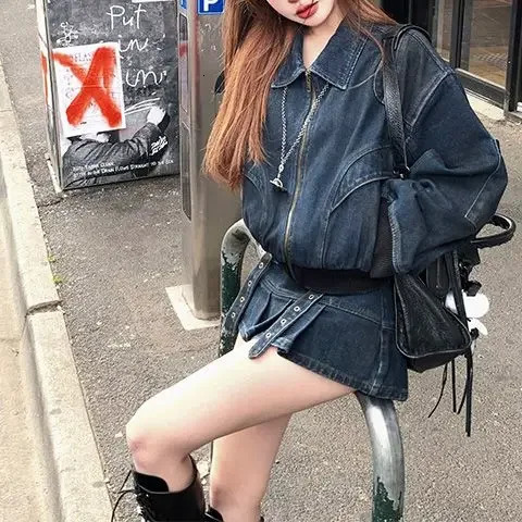 Conjunto Twede Feminino American Vintage Denim Suit 2024 Early Autumn Motorcycle Jacket Pleated Skirt Two-piece Set 241107