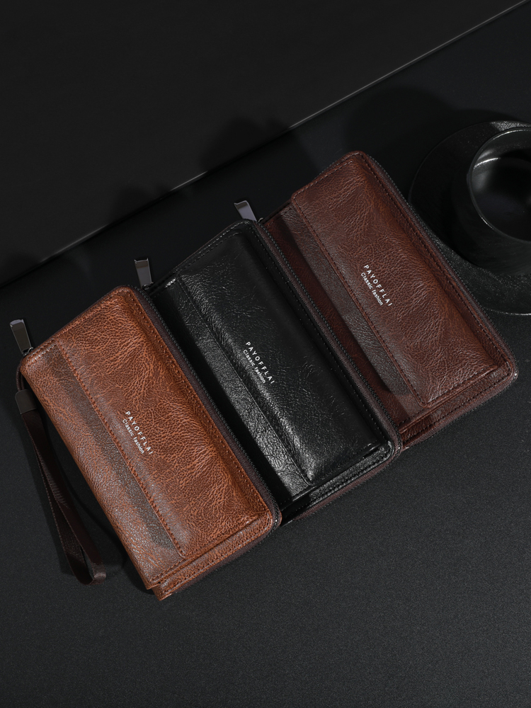 PT048,Men's PU Zipper Handbag Large Capacity Long Clutch Phone Bag Multi Card Holder Coin Purse Wallet Double Layer