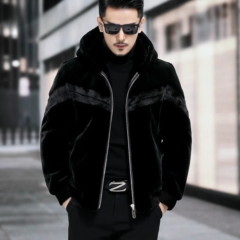 mens autumn and winter fashion faux mink coat mens long sleeved hooded jacket mens faux fur ultra-thin warm jacket I551 241107