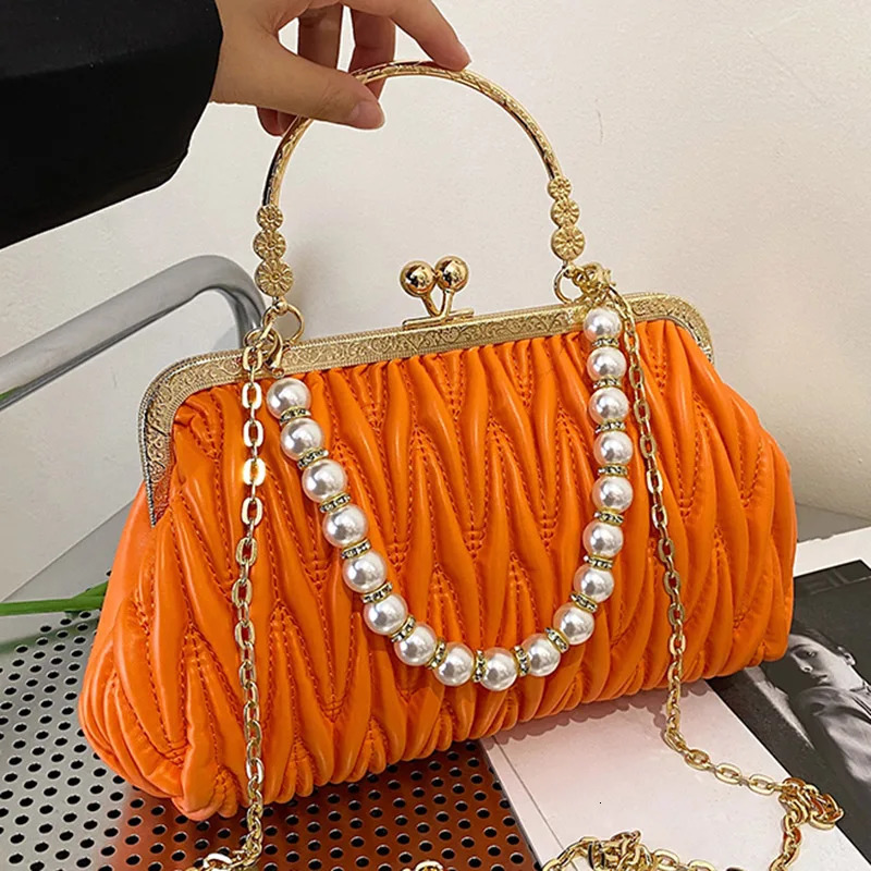 Fashion womens orange green shoulder bag promotion clutch pearl chain cross body bag womens fashion handbag Pu leather handbag and wallet 241107