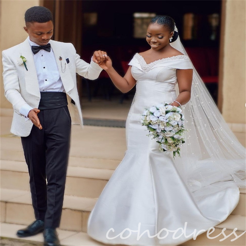 Off Shoulders African Wedding Dresses Plus Size Mermaid Pearls Garden Bridal Gowns Soft Satin Country Bride Dress Sweep Train Robe De Mariee gelinlik