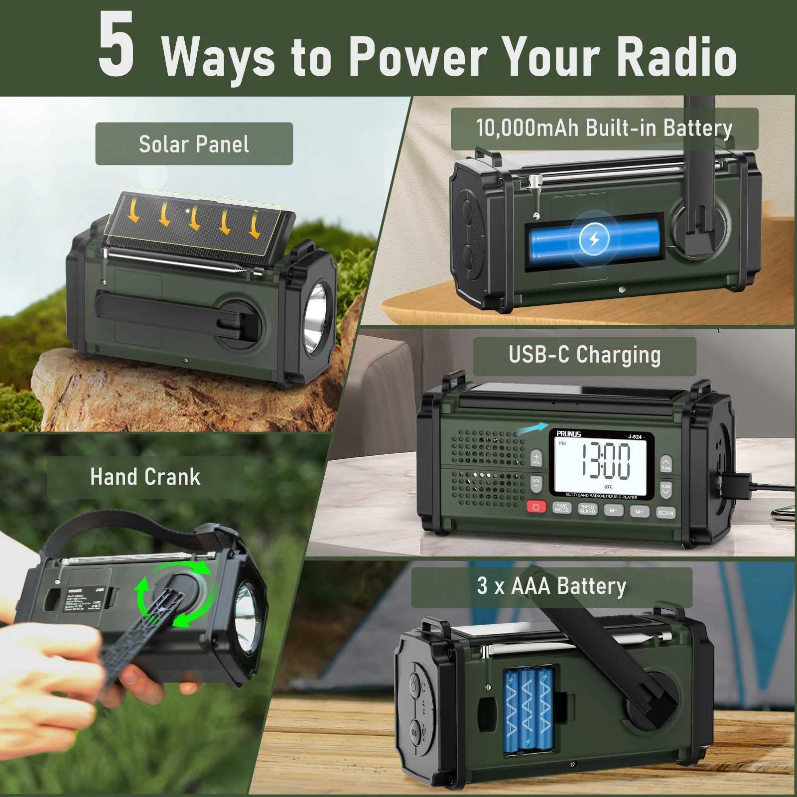 Radio PRUNUS 924 10000mAh Hand Crank Ra AAA Batteries Powered Emergency Ra Solar NOAA Weather Ra AM/FM/SW Power Bank Light Z241106