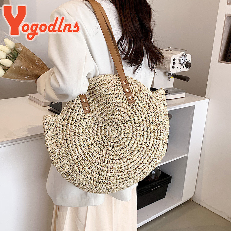 Yogodlns Women Large Capacity Round Straw Shoulder Bag Fashion Tassel Beach Handmade Weave Handbag Summer