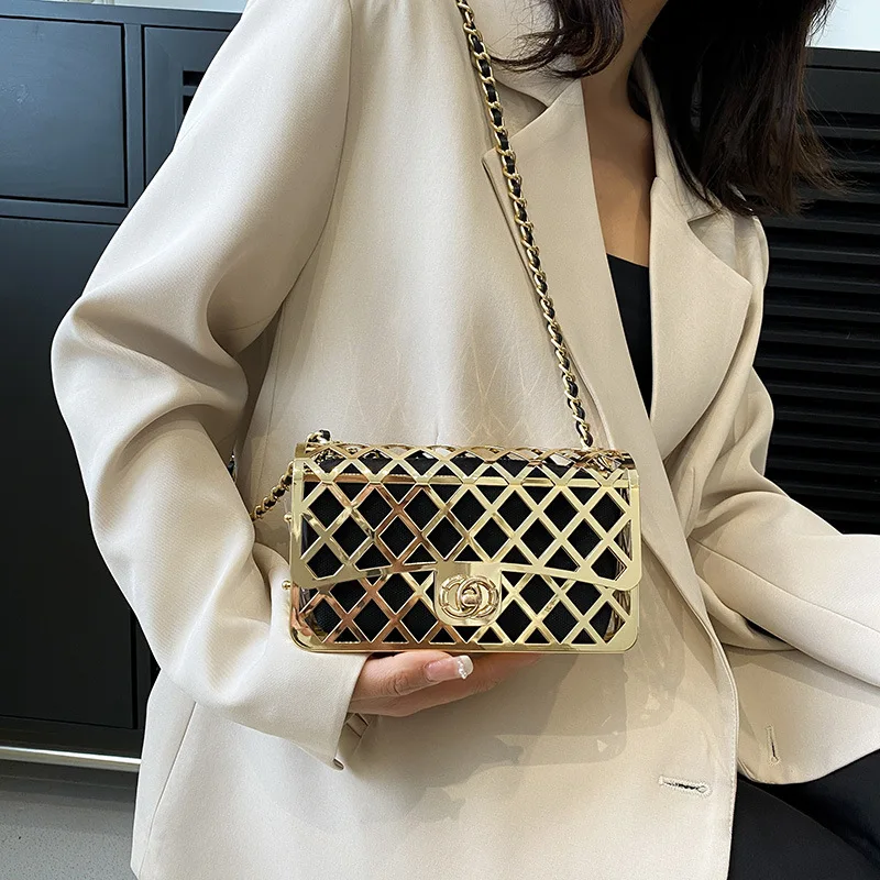Ins Fashion Hollow Metal Shoulder Bags for Women Luxury Designer Square Crossbody Bag Female Cloud Bags Ladies Chain Handbags