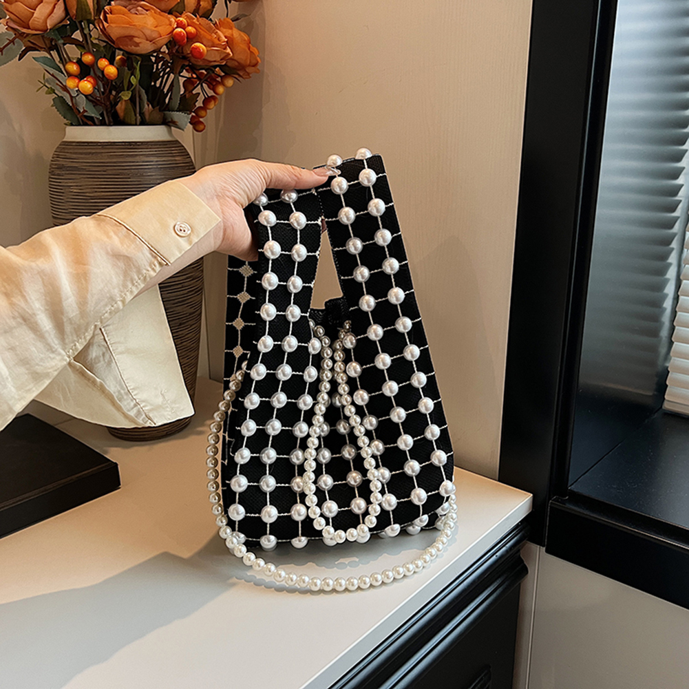 Women Knitted Pearl Handbag Crochet Tote Bag with Detachable Chain Fashion Shoulder Bag Trendy Crossbody Bag for Party Vacation