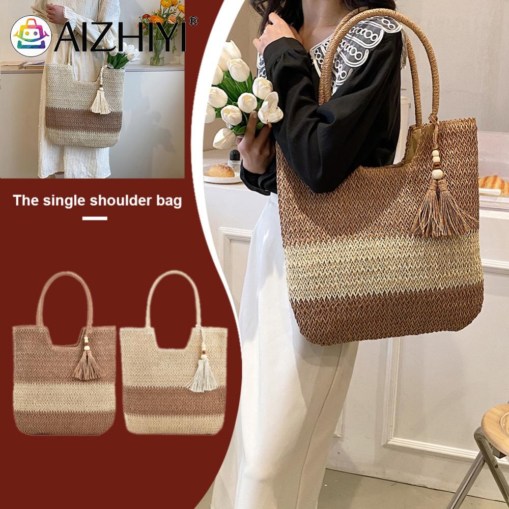 Summer Top-handle Bag Contrast Color with Tassels Beach Vacation Bags Large-Capacity Handmade Fashion Casual for Seaside Holiday