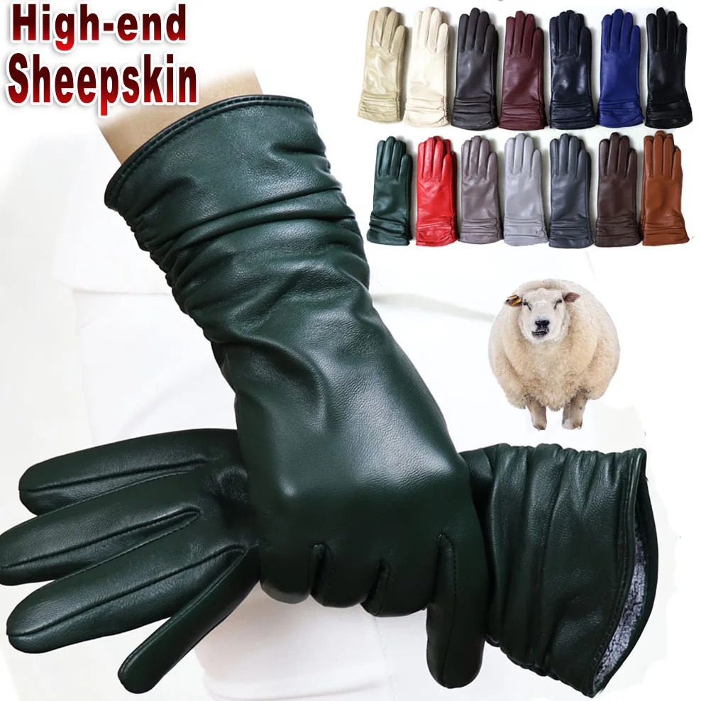 High end leather sheepskin gloves for women warm needle weaving blue velvet lining touch screen colored leather driving gloves original 241106