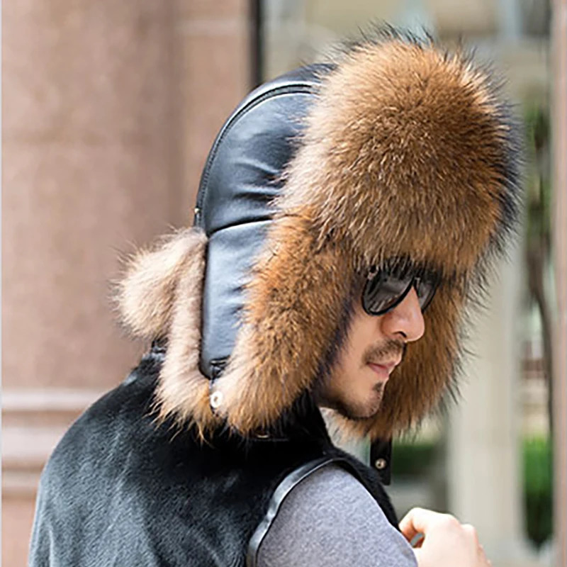 Winter Mens 100% Real Silver Fox Fur Bomber Hat Raccoon Fur Usanka Hat Catcher Russian Mens Ski Hat Real Leather 241106