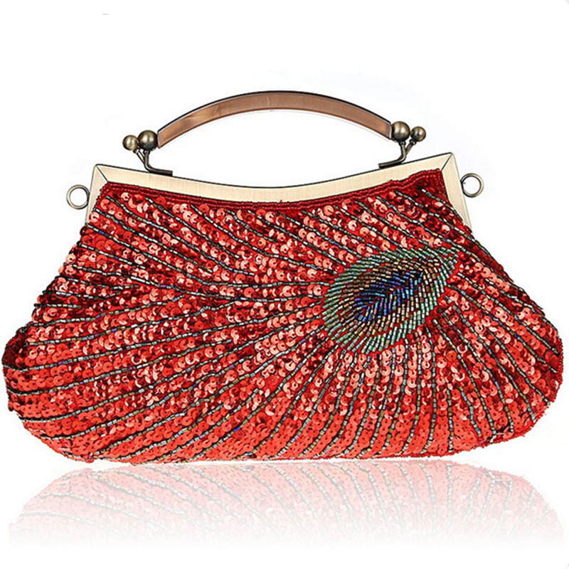 Handmade beaded sparkling bling satin and sequins lady handbag vintage women shoulder bag evening party clutch purse with chain