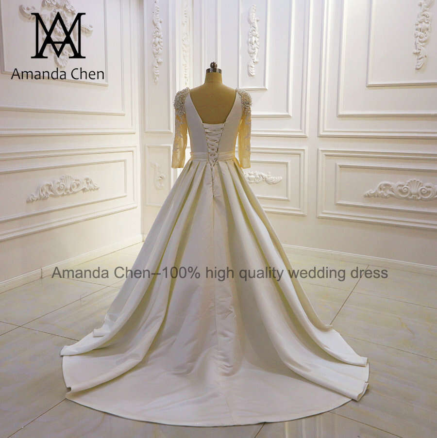 bruidsjurken 3/4 Sleeves Lace Appliques Beading Satin Wedding Dress