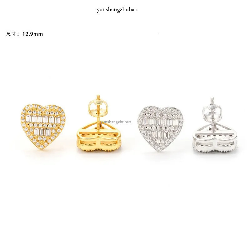 Yellow White Gold Plated Sterg Sier VVS Baguette Moissanite Heart Earrings Studs Nice Gift for Men Women
