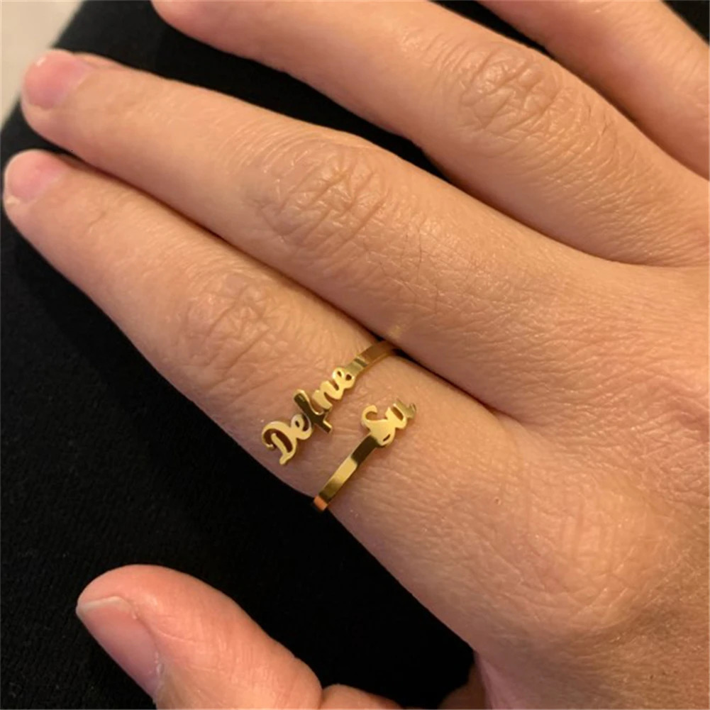 YHUISO Personalized Lover Name Anniversary Adjustable Stainless Steel Couple Ring Customized Family Double Name Ring 241106