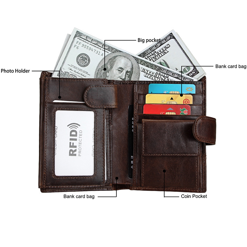 Men's Wallets Vintage 100% Genuine Leather Wallet RFID Blocking Vertical Business Card Holder Cowhide Purse Bag Wallet Man