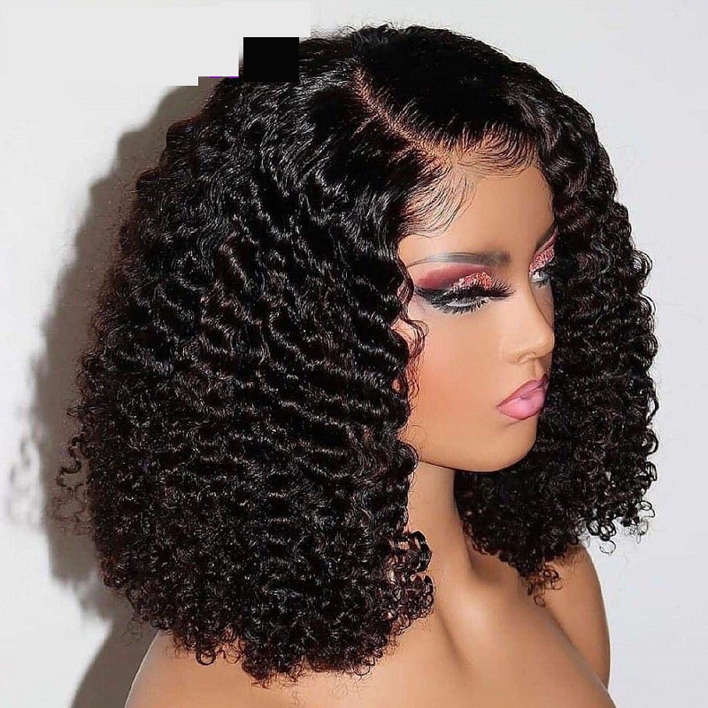Women's Wig Kinky Curly BOB Wig Bobo Head Set Human Hair Wig 5X5T T STYLE 150 %