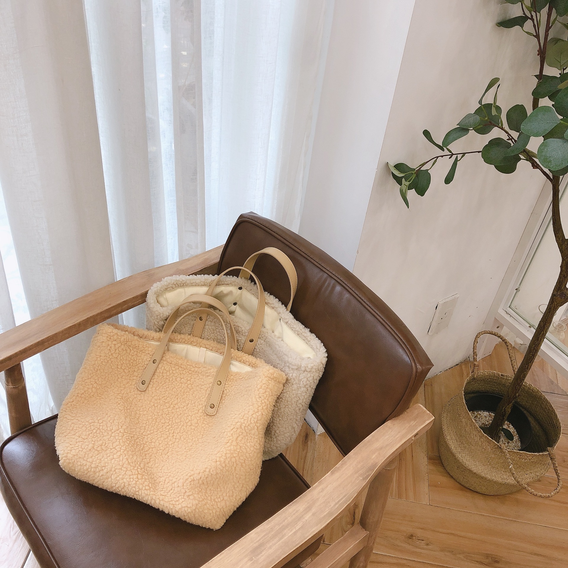 Apricot Lamb Wool Bag Handbag Women's Bag Shoulder Bag Reusable Shopping Bags Casual Tote Female Warm Cream Rice Handbag