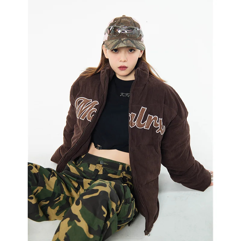 Womens brown down jacket Corduroy letter jacket American fashion thick warm feather down jacket womens inflatable winter jacket 241107