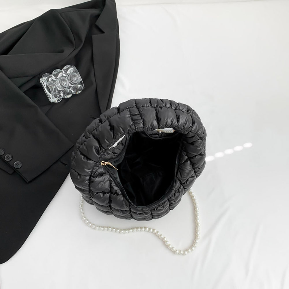 Women Quilted Shoulder Bag Solid Color Pearl Chain Sling Bag Large Capacity Padded Crossbody Bag Female Commute Bag