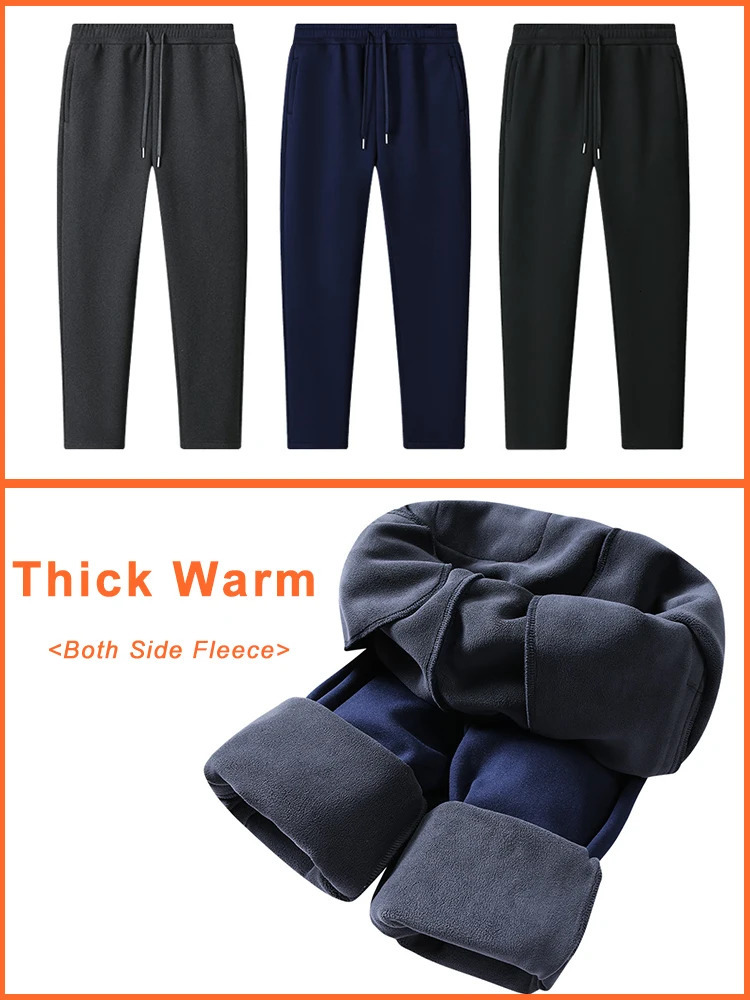 Winter Fleece Sweatpants Men Thicken Warm Jogger Pants Drawstring Elastic Waist Zip Pockets Thermal Straight Track Trousers 241104
