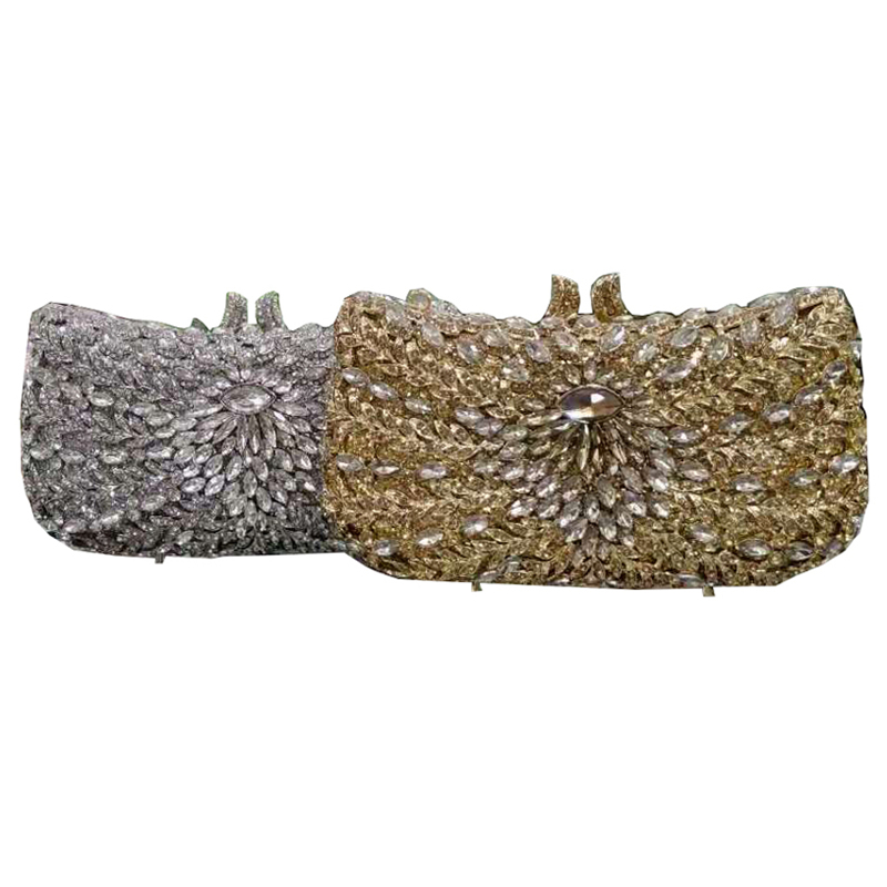 Ladies floral crystal evening dress bag hard shell metal single chain handbag and purse bridal wedding party clutch
