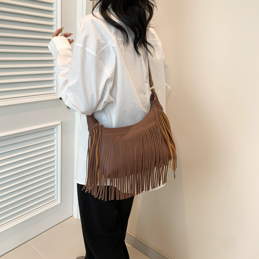 PU Fashion Crossbody Bag Large Capacity Women Tassels Shoulder Bag Minimalist Fringe Hobo Bag Solid Color for Party Vacation
