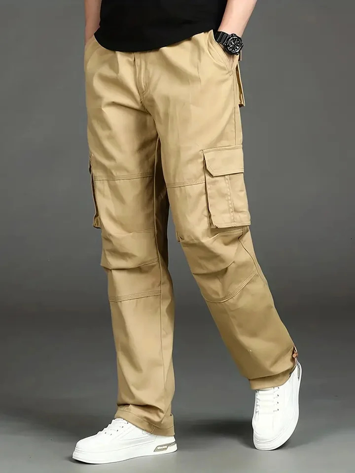 Cotton multi flap pocket mens straight leg cargo pants loose casual outdoor pants mens work pants hiking tactics 241106