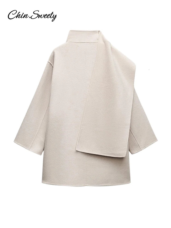 Winter Woolen Womens Scarf Collar Coat Solid Pockets Long Sleeve Loose Midi Overcoats Autumn Winter Lady Fashion Outwear 241107