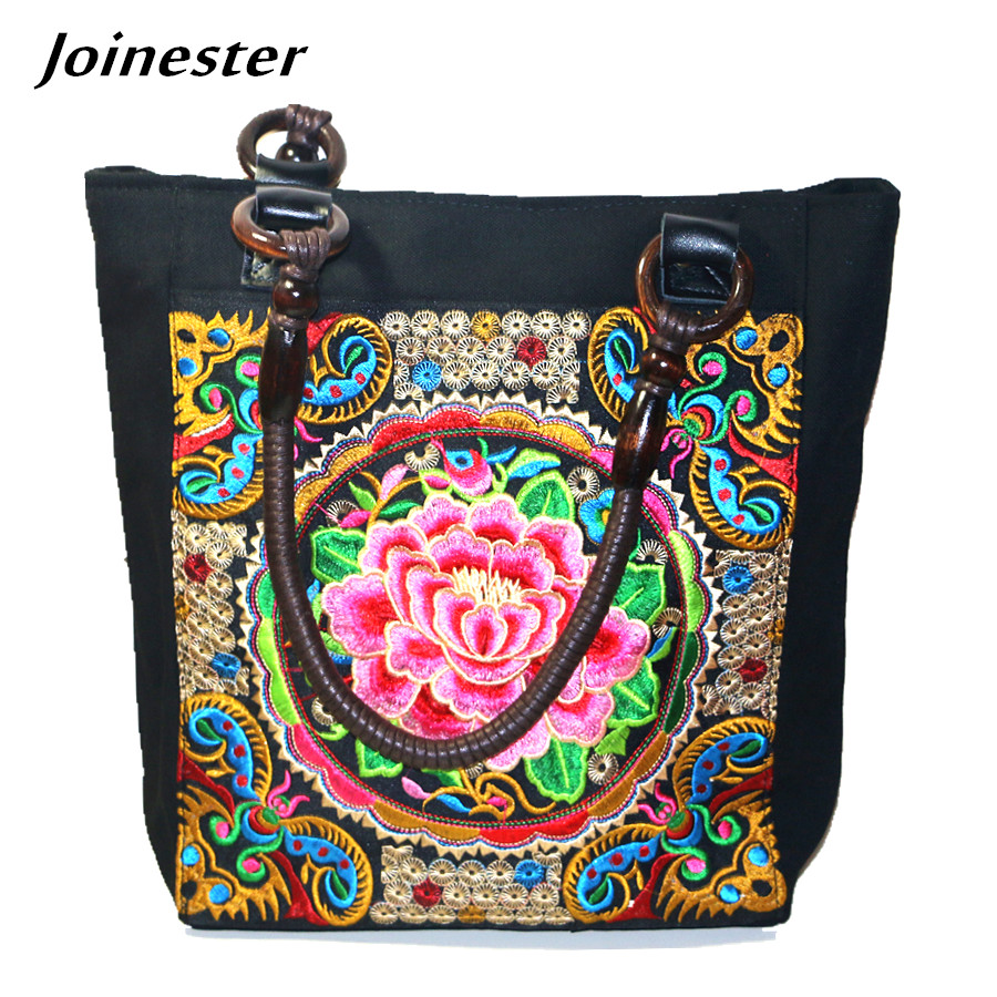 Canvas Cotton Women Ethnic Flower Embroider Shoulder Bag Casual Travel Hand Tote Shopping Bag Vintage Beach Bag Beading Handle
