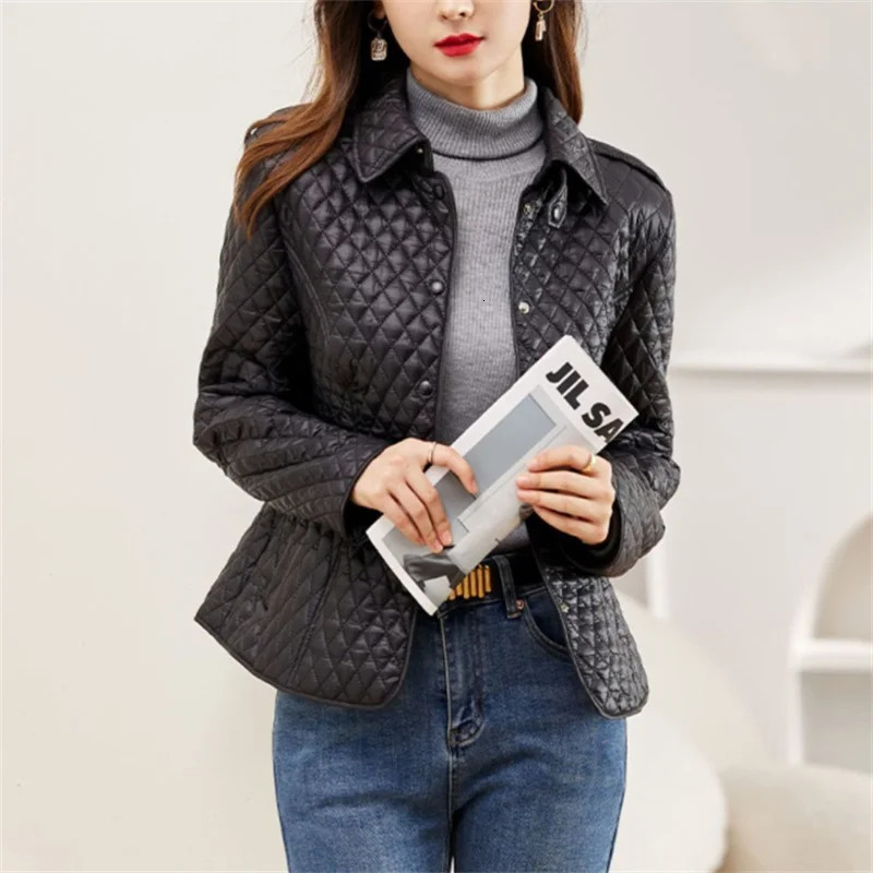 Short cotton jacket womens winter jacket black brown diamond checkered cotton jacket fashionable puff jacket 241107