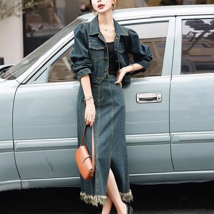 Autumn Vintage Single Breasted Short Denim Jacket and High Waist Split Skirts Two Piece Set Fashion Elegant Outfits for Women 241107
