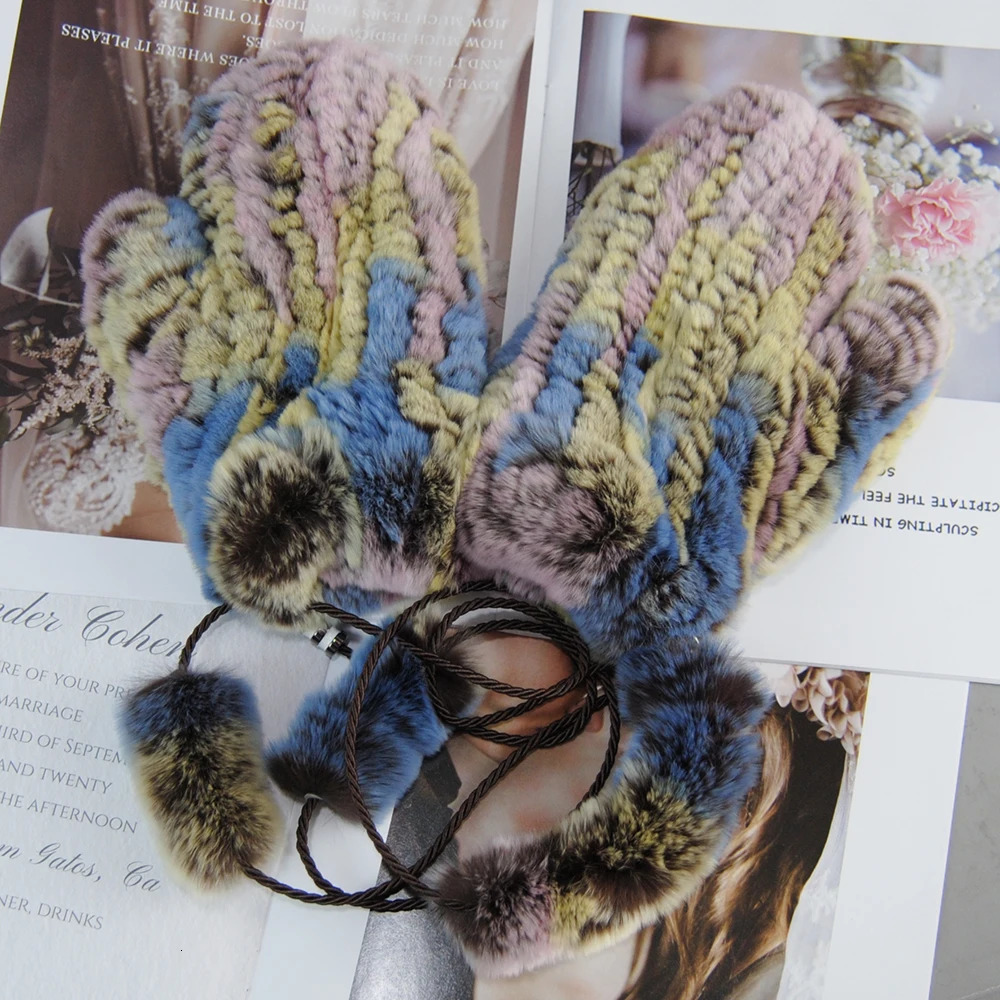 Womens Winter Rex Rabbit Fur Watch Warm Thick Womens Fur Gloves Elastic Girls Sled Gloves 241106