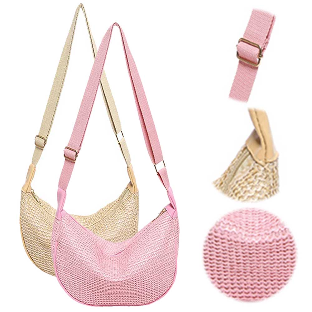 Women Straw Woven Dumpling Bag Large Capacity Shoulder Bag Adjustable Strap Crescent Crossbody Bag Casual for Party Vacation