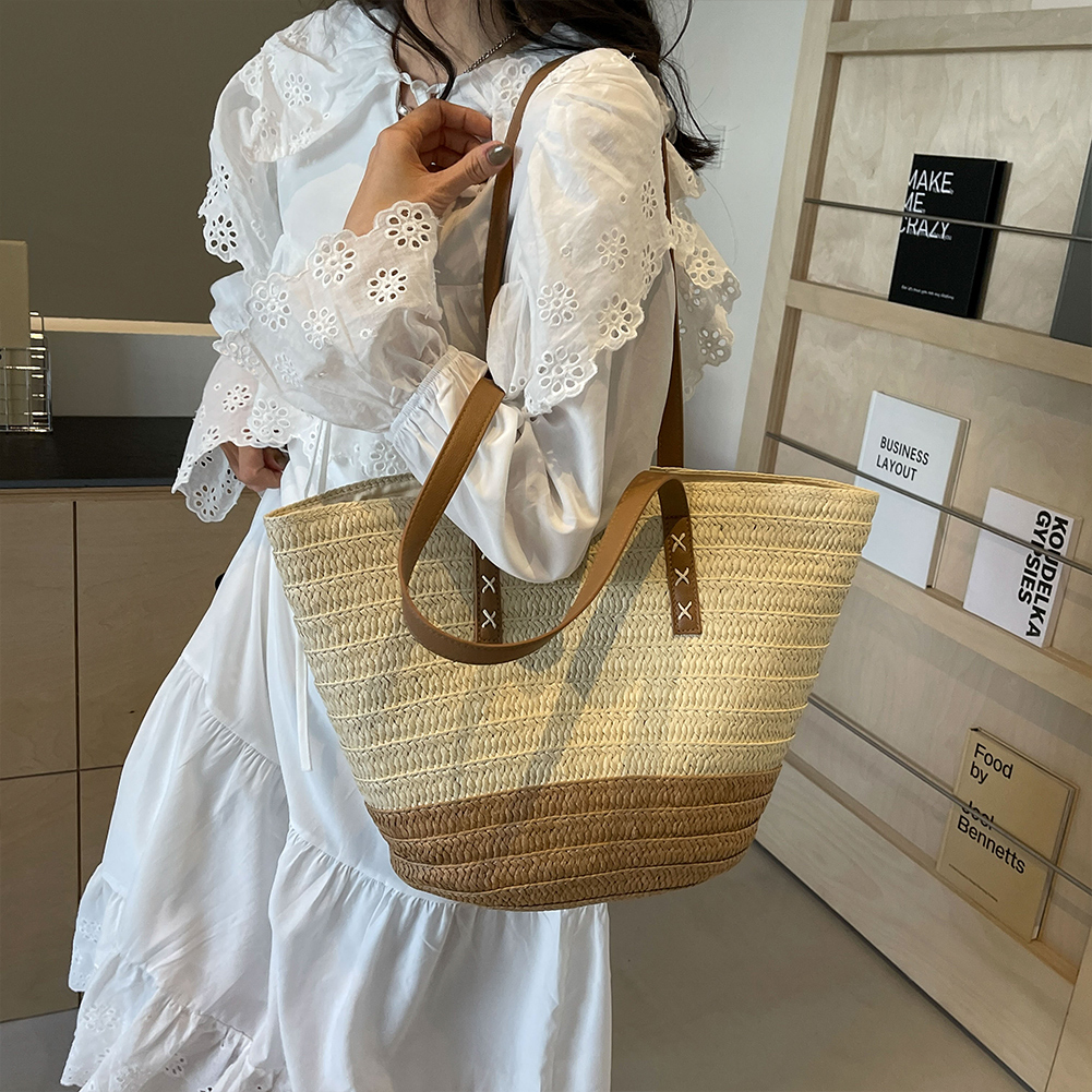 Striped Straw Beach Bag Large Woven Summer Handbag with Zipper Closure Casual Tote Bag Top Handle Bag for Women Outdoor Vacation