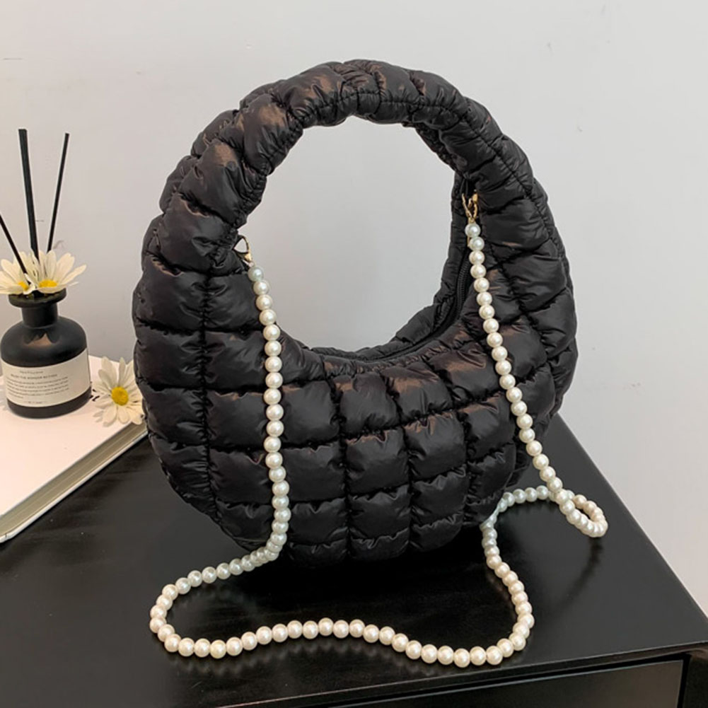 Women Quilted Shoulder Bag Solid Color Pearl Chain Sling Bag Large Capacity Padded Crossbody Bag Female Commute Bag