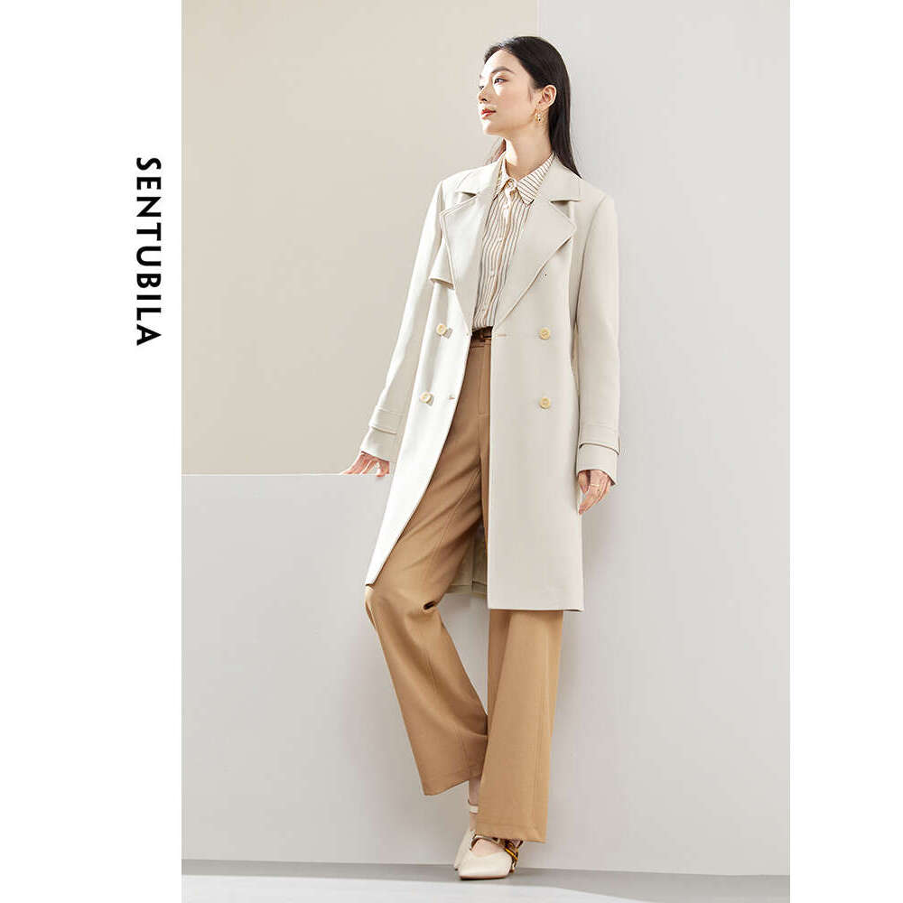 SENTUBILA Double-Lapel Belted Trench Women Spring Autumn 2024 Business Style Double-Breasted Mid-Length Long Coat 141F53208