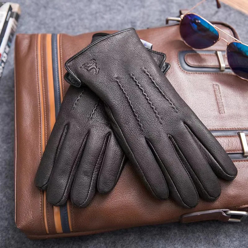 Mens 100% sheepskin gloves deer skin pattern warm and soft mens leather gloves mens gloves with lining fabric 241106