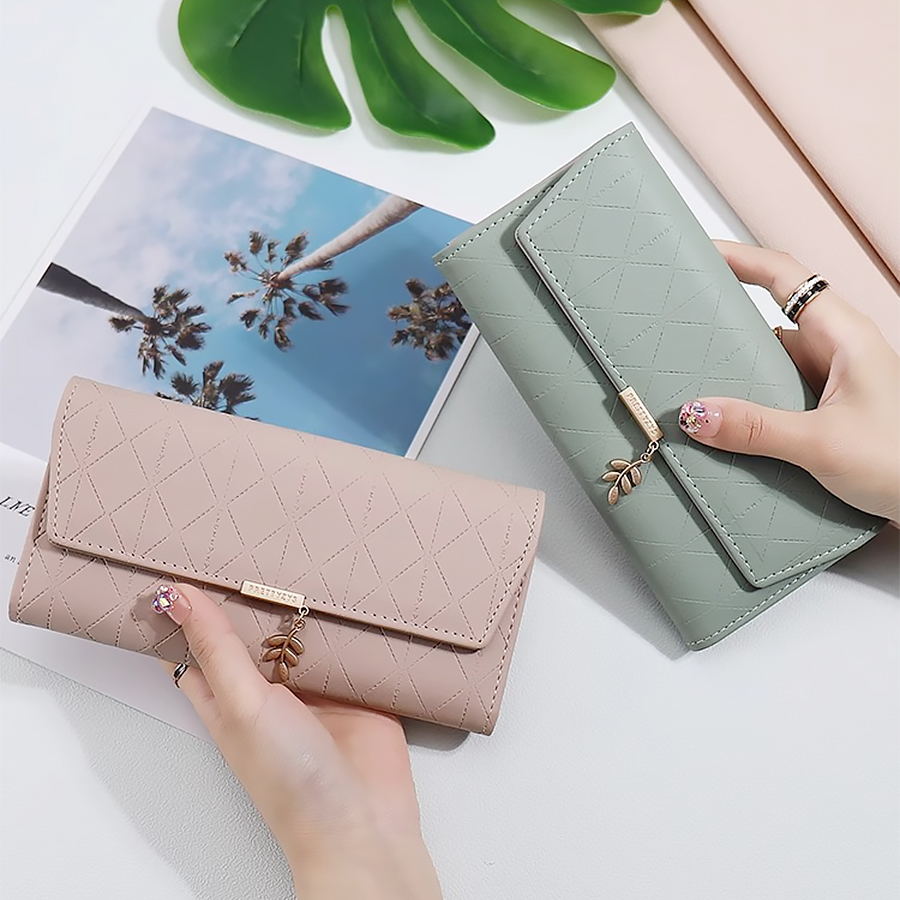 Popular Women's Long Wallets with Leaf Pendant, Large Capacity, Fold Design, Coin Purses, Card Holder, Money Bags