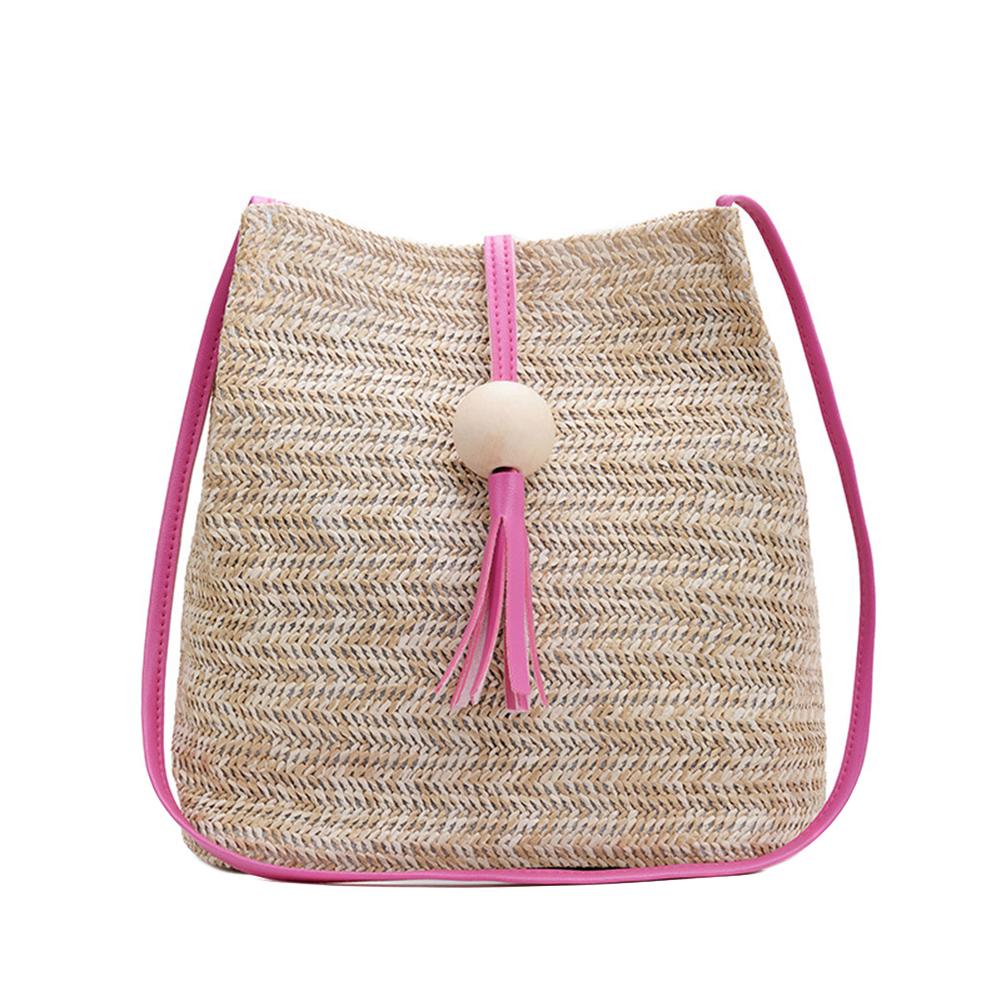 Fashion Summer Beach Women Straw Weave Handbag Wooden Ball Tassel Tote Shoulder Bag