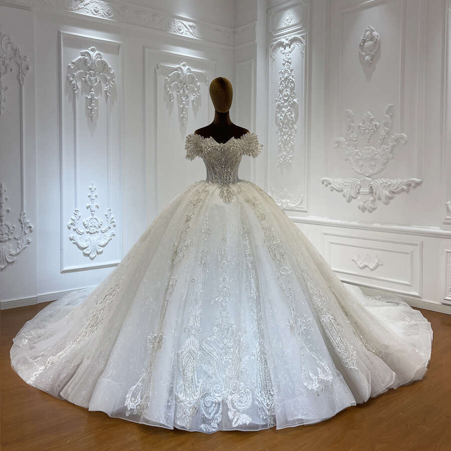 Customized Off The Shoulder Handmade Beading Bridal Ball Gown Wedding dress