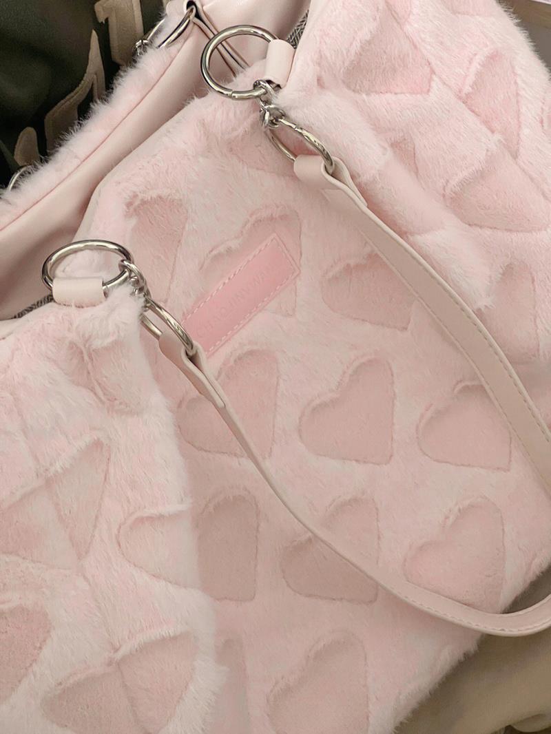 Sweet Love Heart Purse Women's Furry Tote Bags Winter Fashion Ladies Faux Fur Handbags Elegant Female Soft Plush Shoulder Bag
